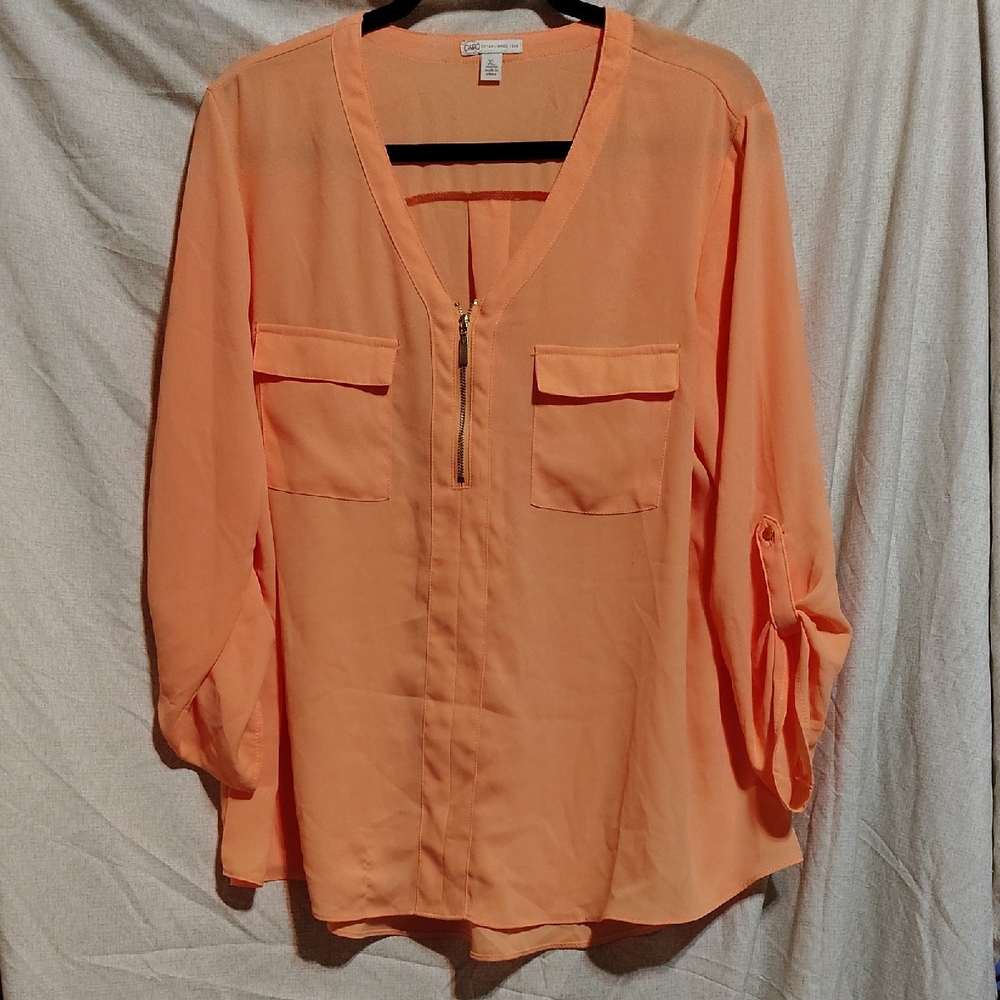 Peach V-Neck Blouse with Zipper Detail